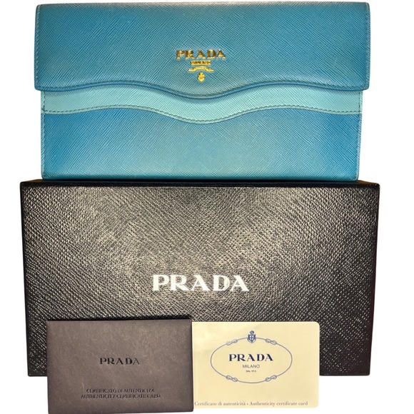 Prada Handbags - Authentic Vintage Prada Saffiano Wave Blue Leather Long Flap Wallet Celeste Voya